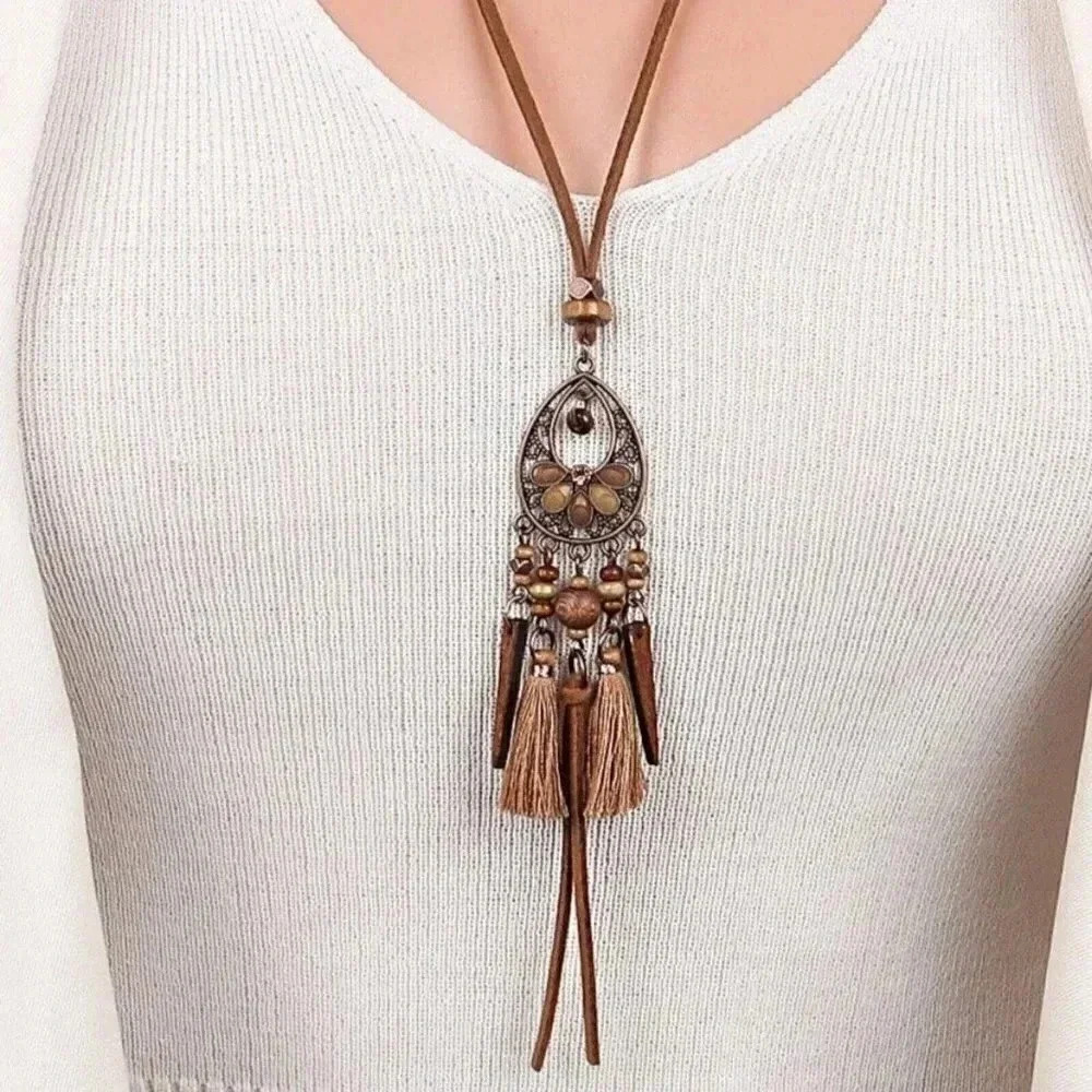 Rustic Antique Copper Enamel Tassel Pendant Vegan Suede Long Boho Necklace